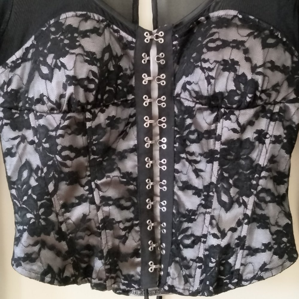 Aggie Black Lace Hook and Eye Corset Bustier top with mesh sleeves - Picture 2 of 13